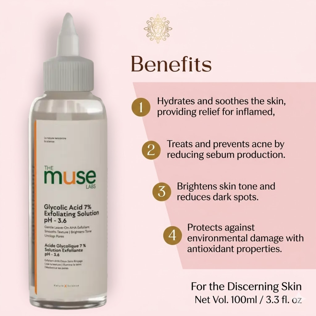Muse Labs 7% Glycolic Acid Toner | Gentle AHA Exfoliant with Niacinamide & Aloe Vera | Smooth, Bright & Clear Skin