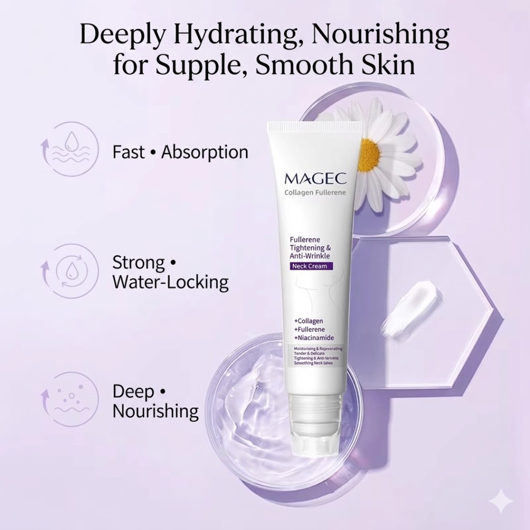 Magec Collagen Fullerene Neck Cream | Tightening & Anti-Wrinkle Formula with Collagen, Fullerene & Niacinamide | Reduces Neck Lines, Firms & Hydrates