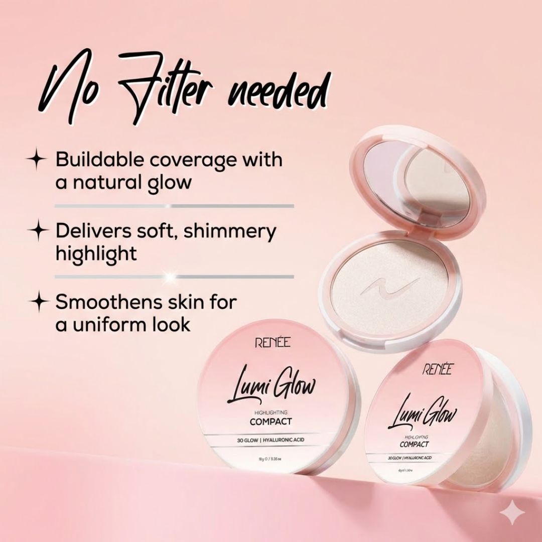Renee lumi Glow Duo | Glowing moisturizer + Glowing Compact powder | long lasting & waterproof Dewy finish makeup base
