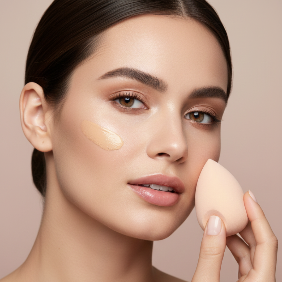 Makeup Revolution Skin Silk Duo: Luminous Serum Foundation & Under Eye Brightener Concealer & Beauty Blender