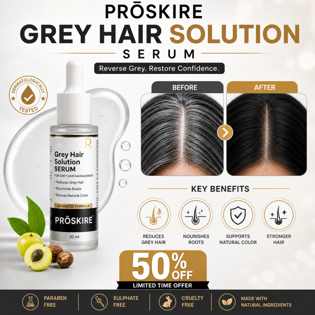 Proskire Grey Hair Solution Serum – Reduces Grey Hair, Nourishes Roots, Revives Natural Color – Targets Premature Greying & White Hair Strands – With Biotin, Rosemary, Ginger & Black Seed Oil – For All Hair Types – 30ml