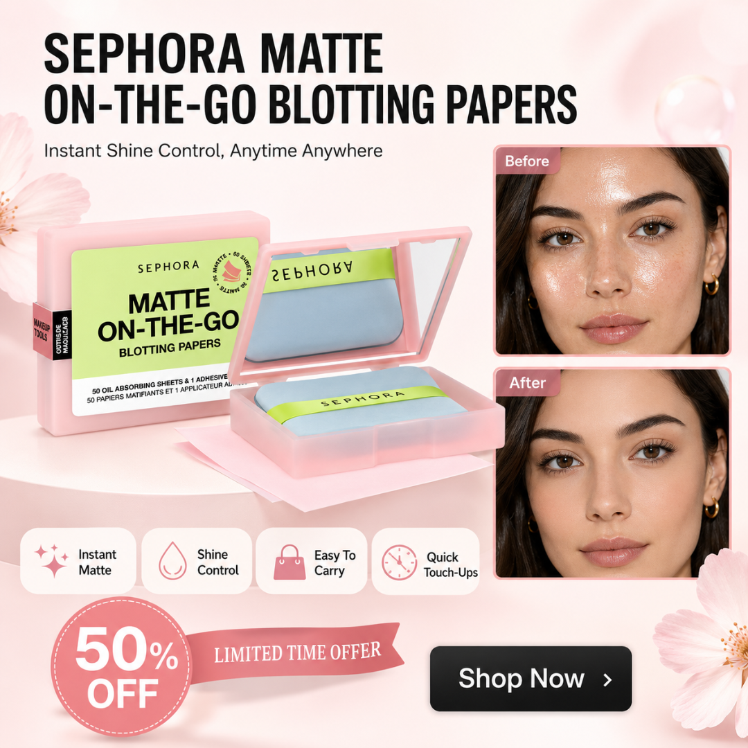 Sephora Matte On-The-Go Blotting Papers – Instant Shine Control, Anytime Anywhere – 50 Oil Absorbing Sheets + 1 Adhesive – Instant Matte, Shine Control – Easy To Carry, Quick Touch-Ups – For Oily