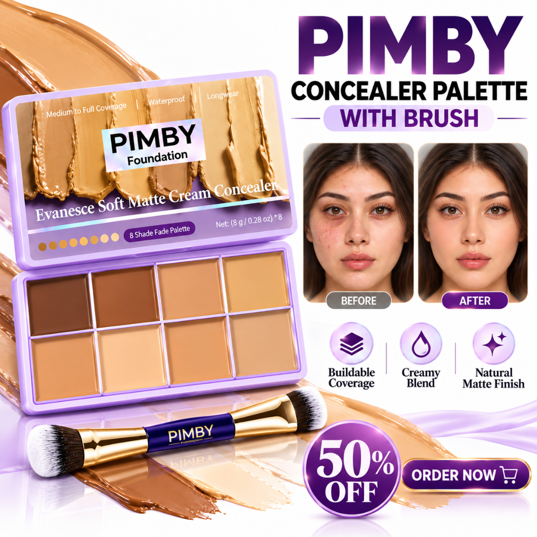 PIMBY Soft Matte Concealer Palette with FREE Brush – 8 Shade Fade Palette (Foundation, concealer, contour) – Medium to Full Coverage Waterproof Cream Palette