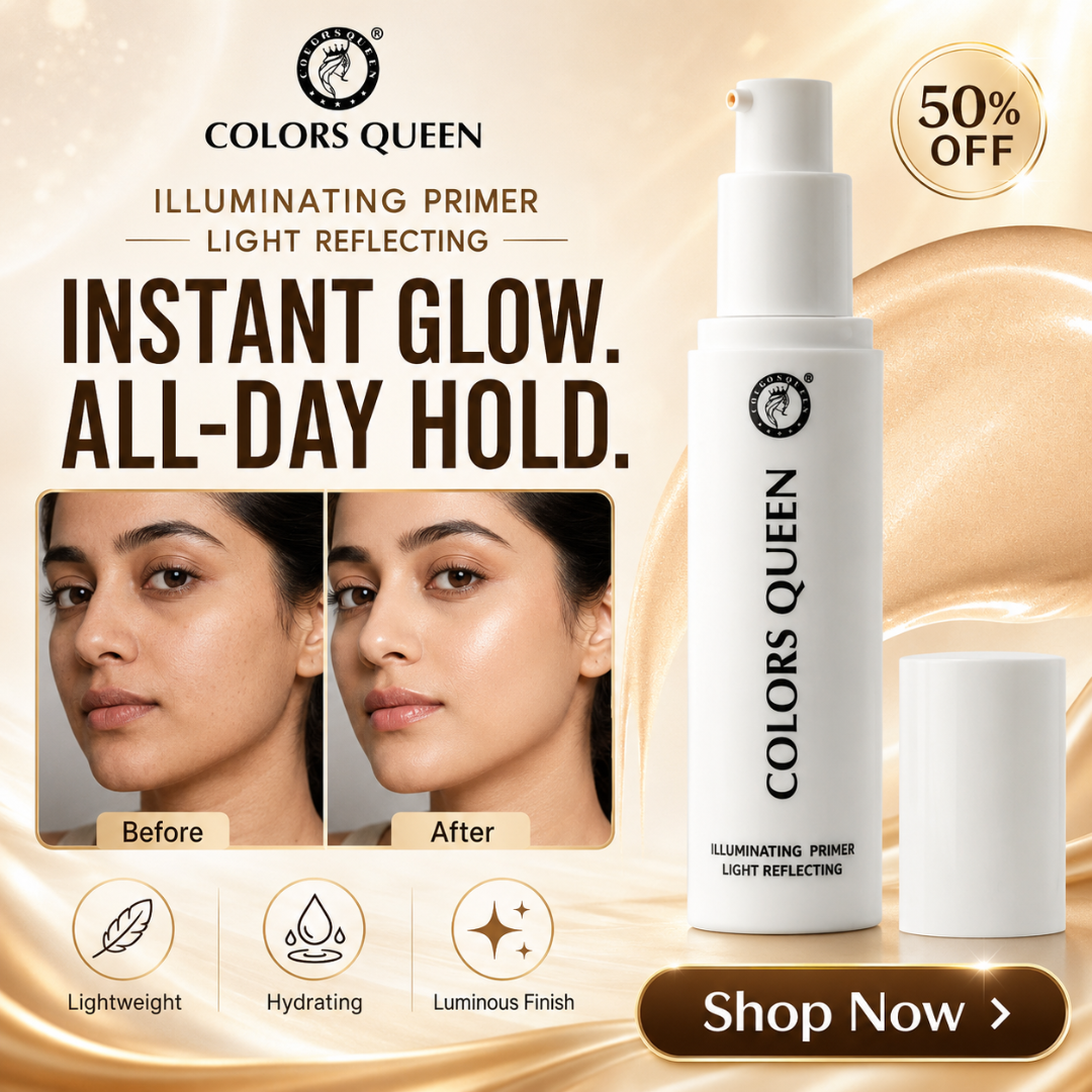 Colors Queen Illuminating Primer – Light Reflecting, Instant Glow & All-Day Hold – Lightweight, Hydrating, Luminous Finish – With Vitamin C, Vitamin E, Turmeric & Cocoa Seed Extract – Brightens, Evens Tone & Nourishes