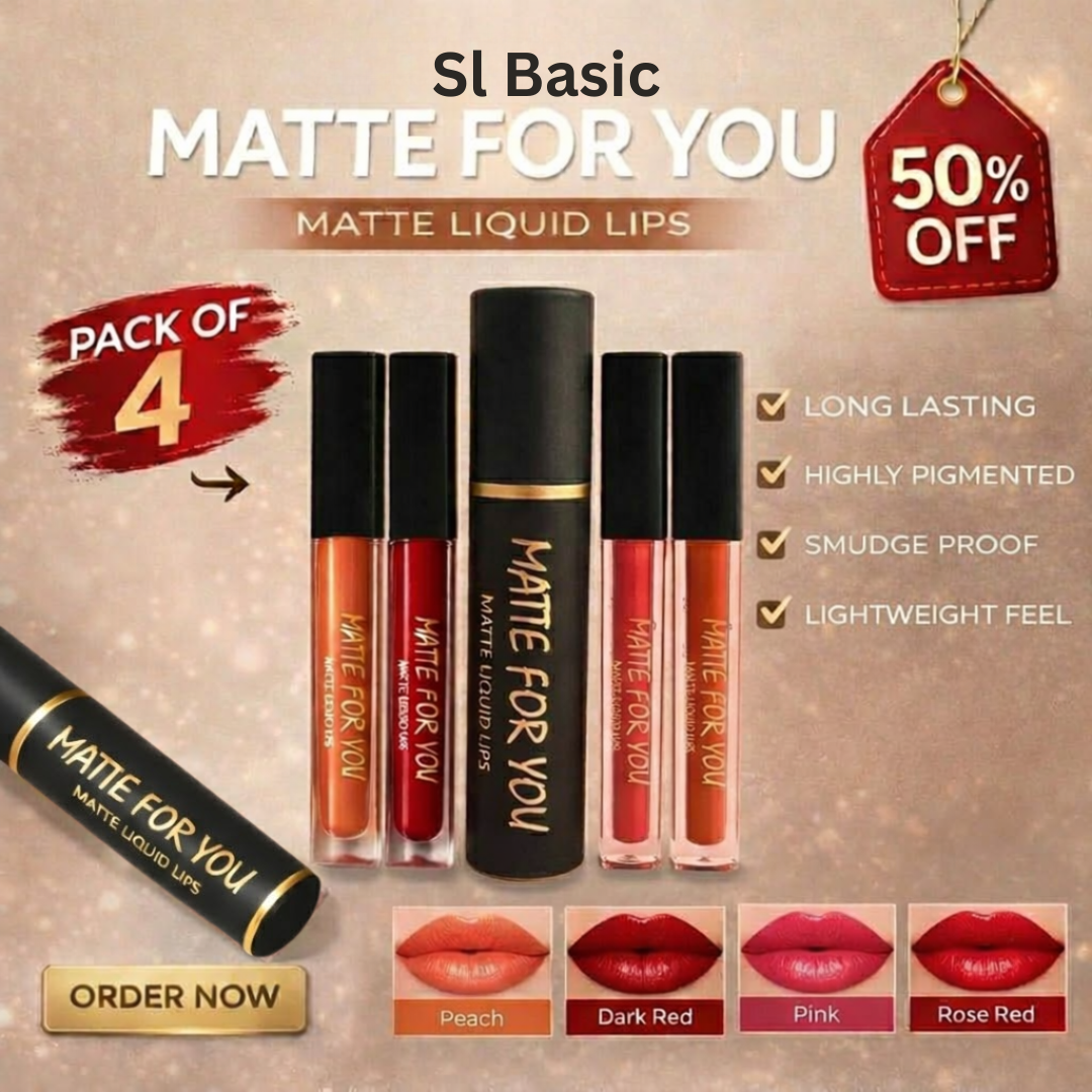 SL Basics Matte For You Liquid Matte Lipsticks | 16HR Wear, Transfer Proof & Vitamin E Enriched (Pack of 4)
