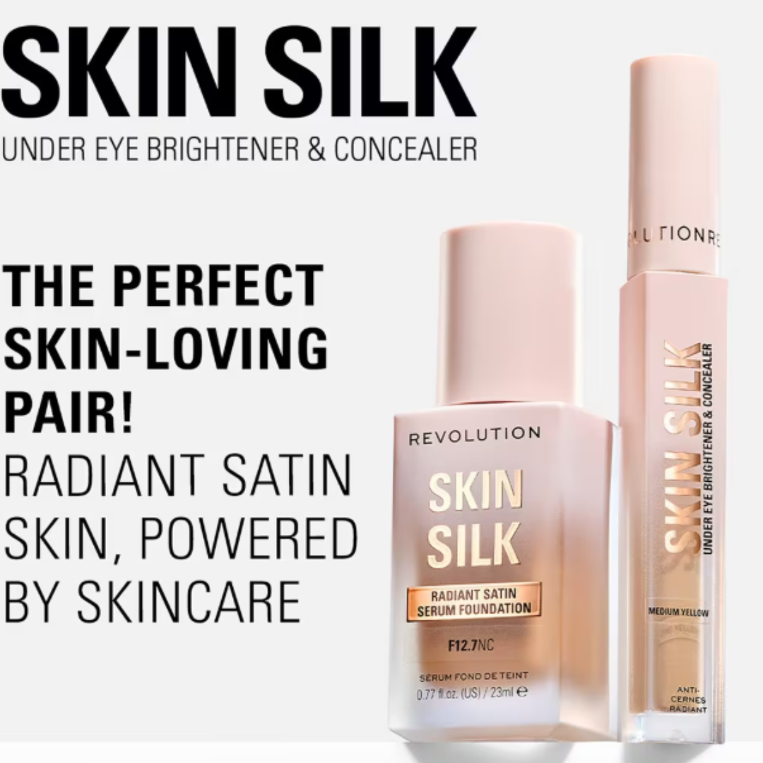 Makeup Revolution Skin Silk Duo: Luminous Serum Foundation & Under Eye Brightener Concealer & Beauty Blender