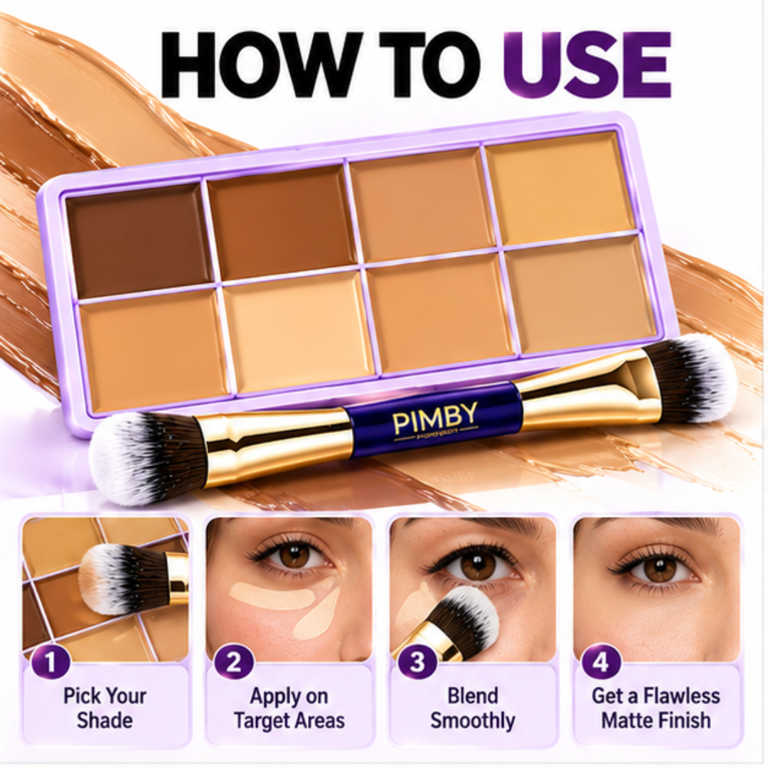 PIMBY Soft Matte Concealer Palette with FREE Brush – 8 Shade Fade Palette (Foundation, concealer, contour) – Medium to Full Coverage Waterproof Cream Palette