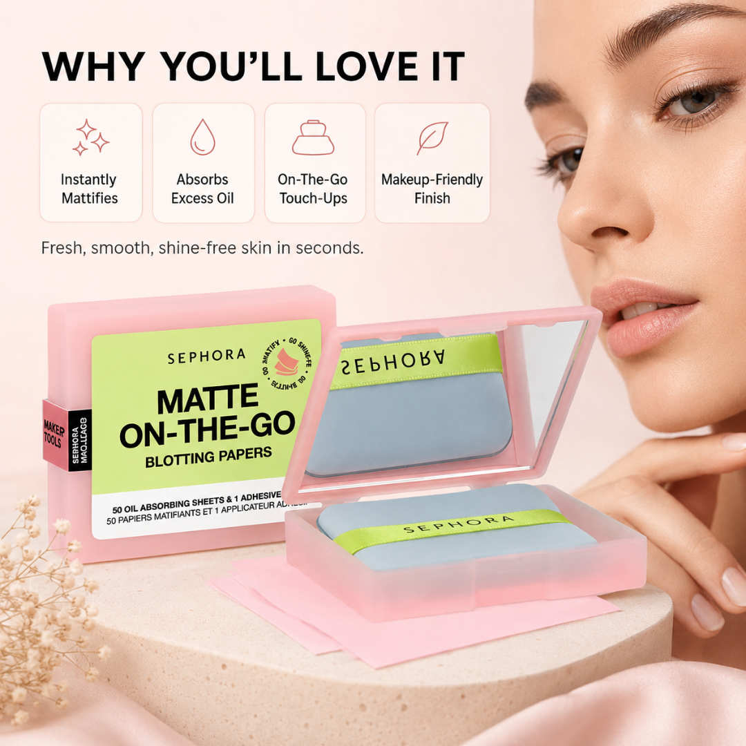 Sephora Matte On-The-Go Blotting Papers – Instant Shine Control, Anytime Anywhere – 50 Oil Absorbing Sheets + 1 Adhesive – Instant Matte, Shine Control – Easy To Carry, Quick Touch-Ups – For Oily