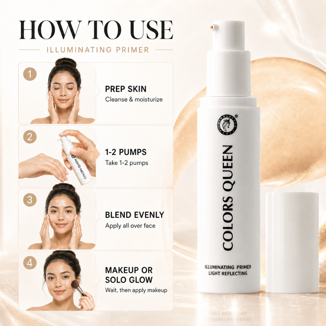 Colors Queen Illuminating Primer – Light Reflecting, Instant Glow & All-Day Hold – Lightweight, Hydrating, Luminous Finish – With Vitamin C, Vitamin E, Turmeric & Cocoa Seed Extract – Brightens, Evens Tone & Nourishes