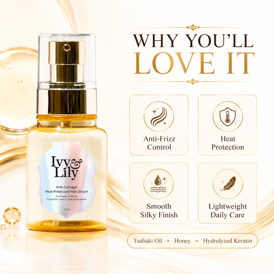 Ivy & Lily Hair Straightening Serum – Goodbye Frizz, Hello Silky Straight Hair – Anti-Damage Heat Protectant – With Tsubaki Oil, Honey & Hydrolyzed Keratin – Smooths, Detangles, Adds Shine – For Dry, Frizzy, Tangled Hai
