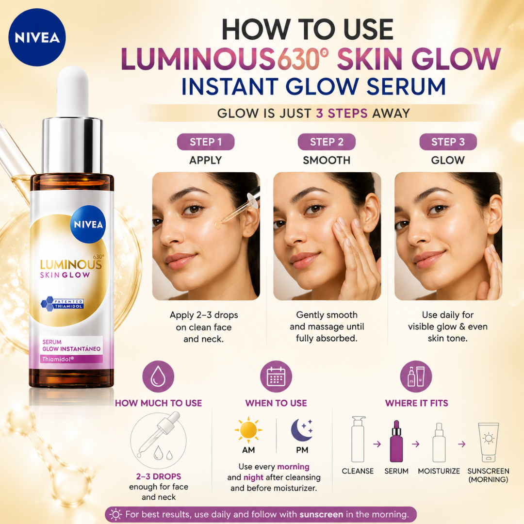 NIVEA Luminous630 Skin Glow Instant Glow Serum – Reduces Dark Spots, Evens Skin Tone, Boosts Radiance – Instant Glow in 1 Use – Lightweight, Fast-Absorbing