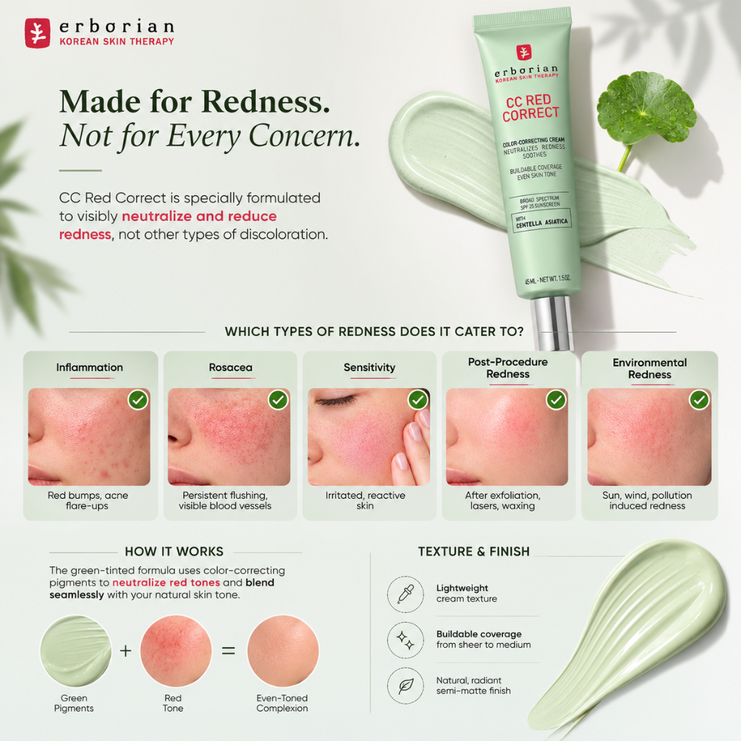 Erborian CC Red Correct Color-Correcting Cream – Goodbye Redness, Hello Even Tone – Neutralizes Redness, Soothes Skin, Buildable Coverage