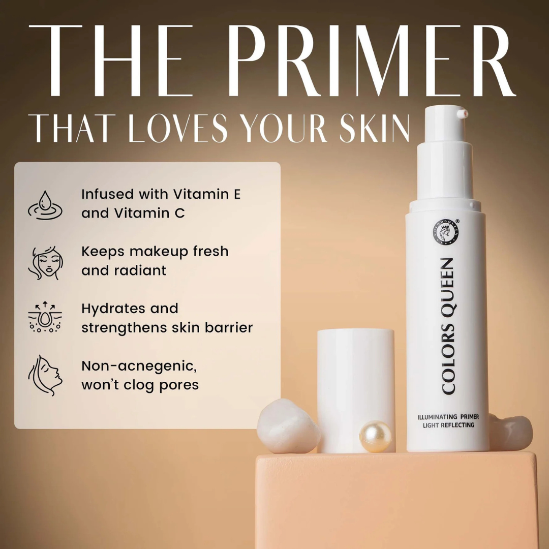 Colors Queen Illuminating Primer – Light Reflecting, Instant Glow & All-Day Hold – Lightweight, Hydrating, Luminous Finish – With Vitamin C, Vitamin E, Turmeric & Cocoa Seed Extract – Brightens, Evens Tone & Nourishes