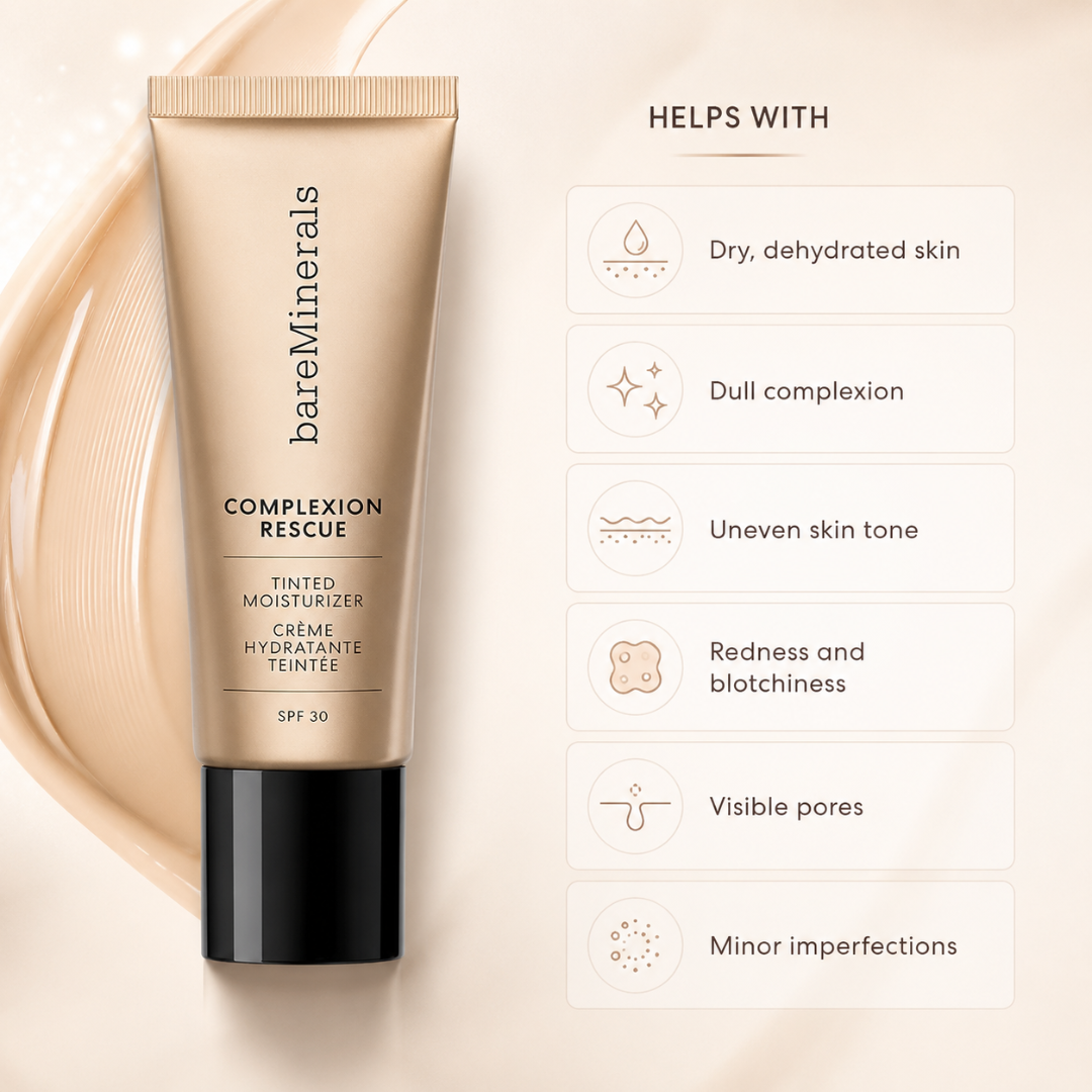 bareMinerals Complexion Rescue Tinted Moisturizer -  Hydration + Coverage in One – 24HR Hydration, SPF 30, Radiant Finish – Natural, Buildable Coverage – Lightweight, Healthy Glow – For Dry, Dull, Uneven Skin – Tinted Moisturizer with SPF 30