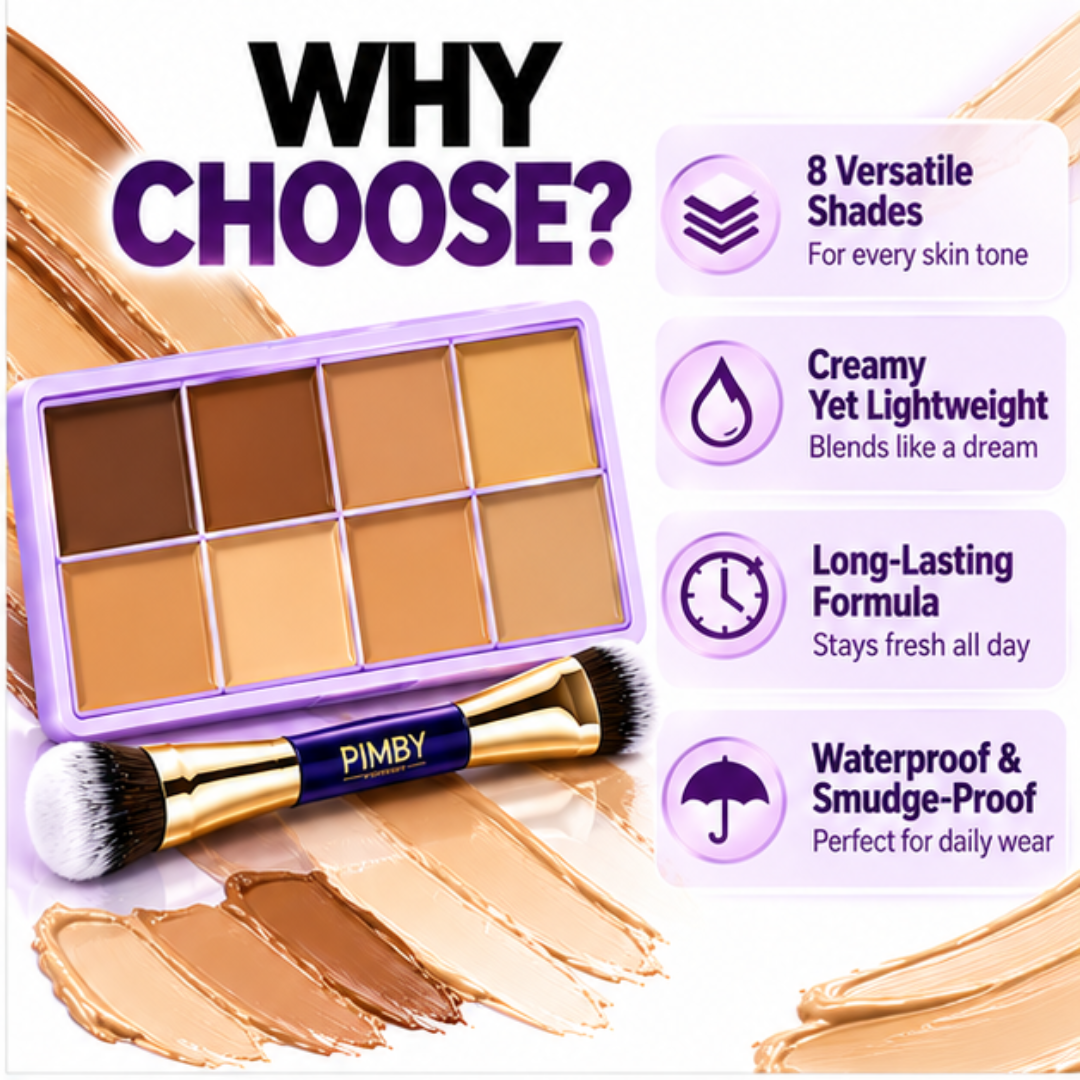PIMBY Soft Matte Concealer Palette with FREE Brush – 8 Shade Fade Palette (Foundation, concealer, contour) – Medium to Full Coverage Waterproof Cream Palette