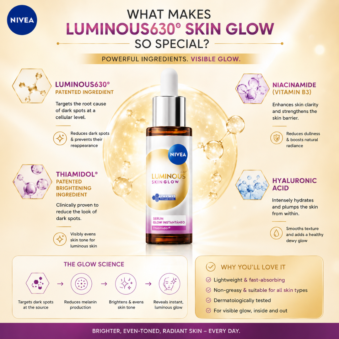 NIVEA Luminous630 Skin Glow Instant Glow Serum – Reduces Dark Spots, Evens Skin Tone, Boosts Radiance – Instant Glow in 1 Use – Lightweight, Fast-Absorbing