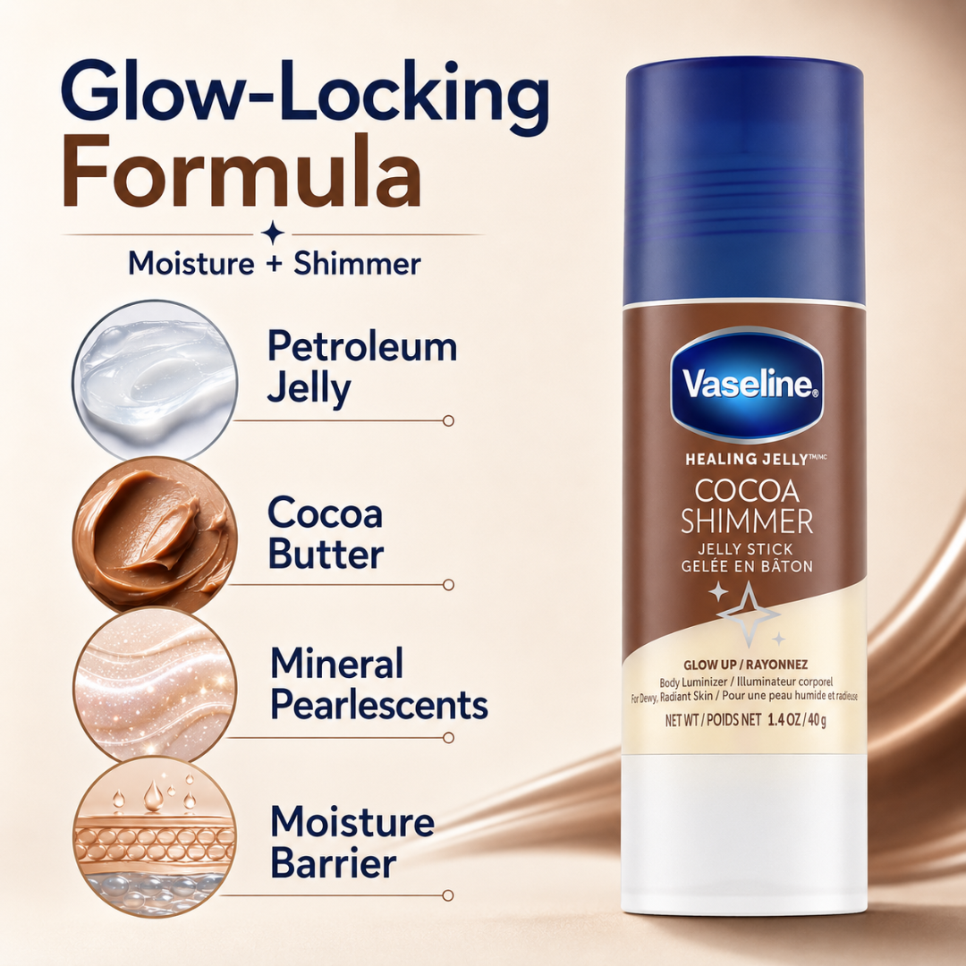 Vaseline Cocoa Shimmer Jelly Stick – Glow Up Body Luminizer – Dewy Glow, Deep Moisture – Swipe, Hydrate & Glow – For Dry Elbows, Knees, Collarbones & More – Portable, Mess-Free Stick