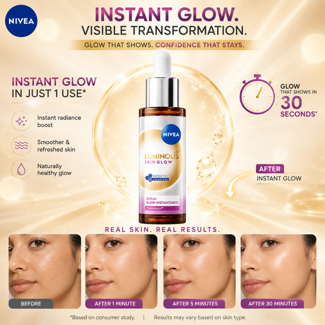 NIVEA Luminous630 Skin Glow Instant Glow Serum – Reduces Dark Spots, Evens Skin Tone, Boosts Radiance – Instant Glow in 1 Use – Lightweight, Fast-Absorbing