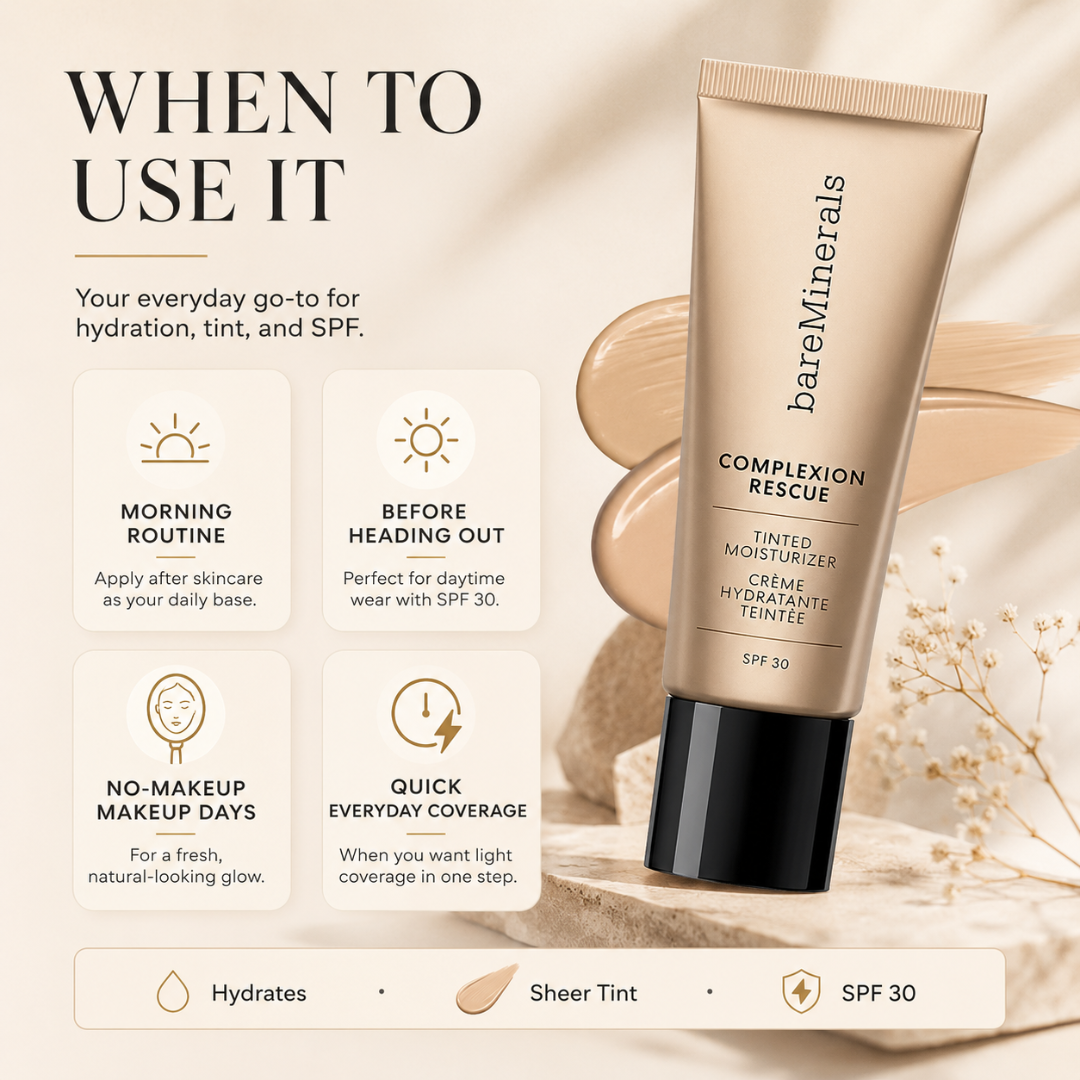 bareMinerals Complexion Rescue Tinted Moisturizer -  Hydration + Coverage in One – 24HR Hydration, SPF 30, Radiant Finish – Natural, Buildable Coverage – Lightweight, Healthy Glow – For Dry, Dull, Uneven Skin – Tinted Moisturizer with SPF 30