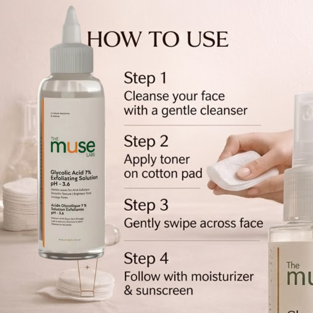 Muse Labs 7% Glycolic Acid Toner | Gentle AHA Exfoliant with Niacinamide & Aloe Vera | Smooth, Bright & Clear Skin