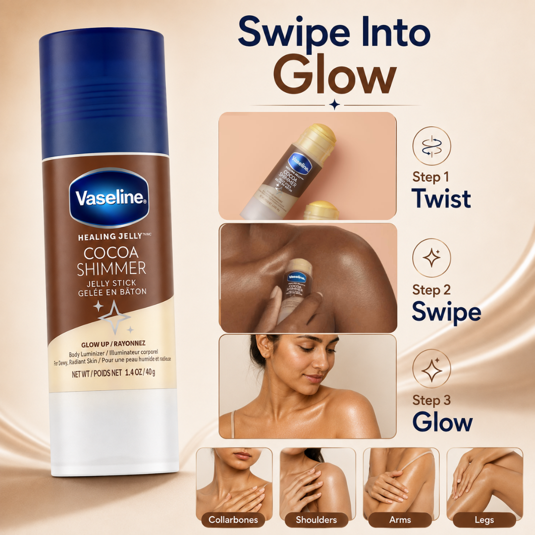 Vaseline Cocoa Shimmer Jelly Stick – Glow Up Body Luminizer – Dewy Glow, Deep Moisture – Swipe, Hydrate & Glow – For Dry Elbows, Knees, Collarbones & More – Portable, Mess-Free Stick