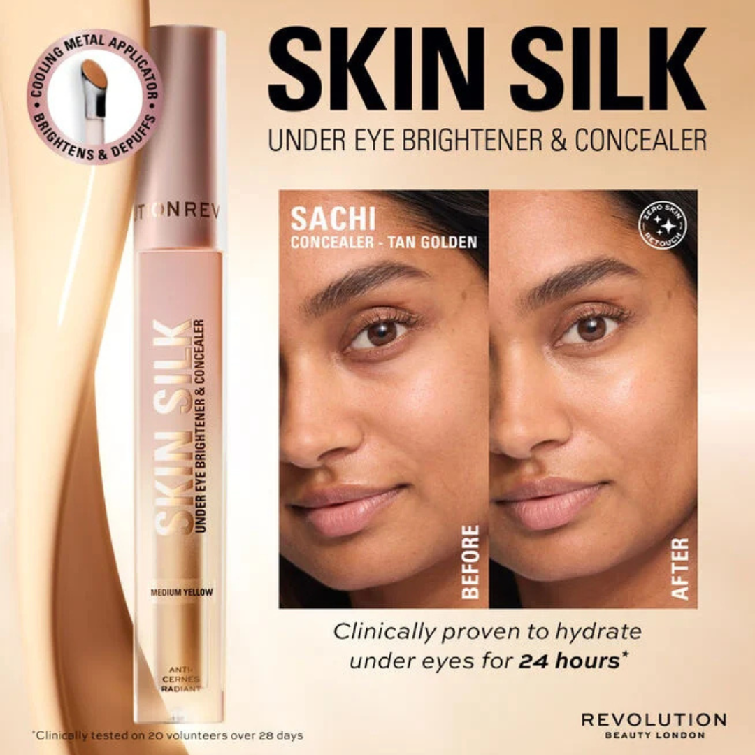 Makeup Revolution Skin Silk Duo: Luminous Serum Foundation & Under Eye Brightener Concealer & Beauty Blender