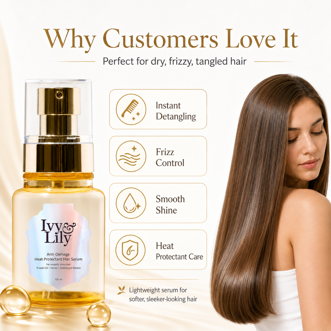 Ivy & Lily Hair Straightening Serum – Goodbye Frizz, Hello Silky Straight Hair – Anti-Damage Heat Protectant – With Tsubaki Oil, Honey & Hydrolyzed Keratin – Smooths, Detangles, Adds Shine – For Dry, Frizzy, Tangled Hai