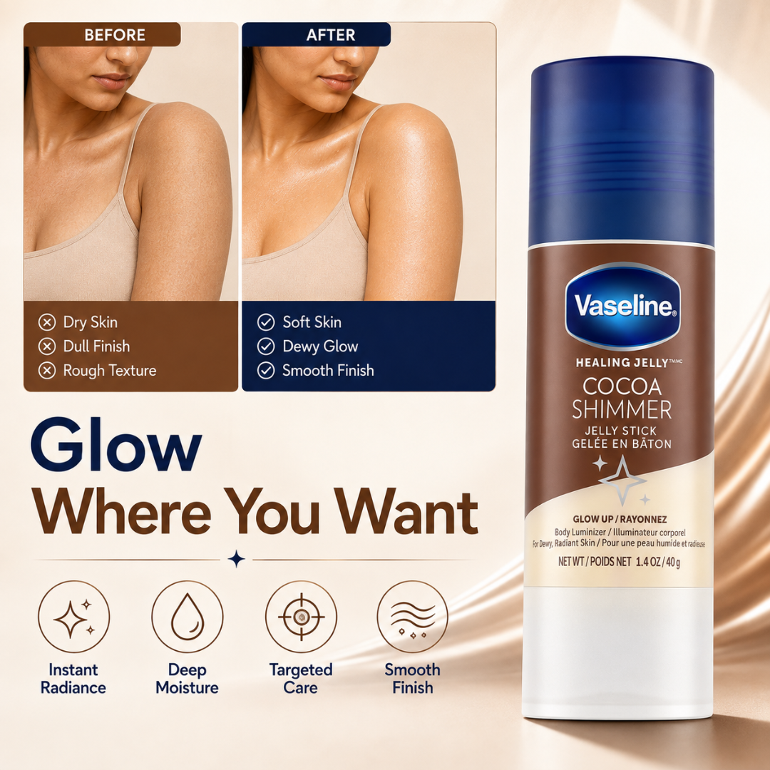 Vaseline Cocoa Shimmer Jelly Stick – Glow Up Body Luminizer – Dewy Glow, Deep Moisture – Swipe, Hydrate & Glow – For Dry Elbows, Knees, Collarbones & More – Portable, Mess-Free Stick