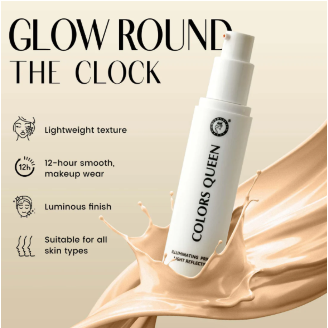 Colors Queen Illuminating Primer – Light Reflecting, Instant Glow & All-Day Hold – Lightweight, Hydrating, Luminous Finish – With Vitamin C, Vitamin E, Turmeric & Cocoa Seed Extract – Brightens, Evens Tone & Nourishes