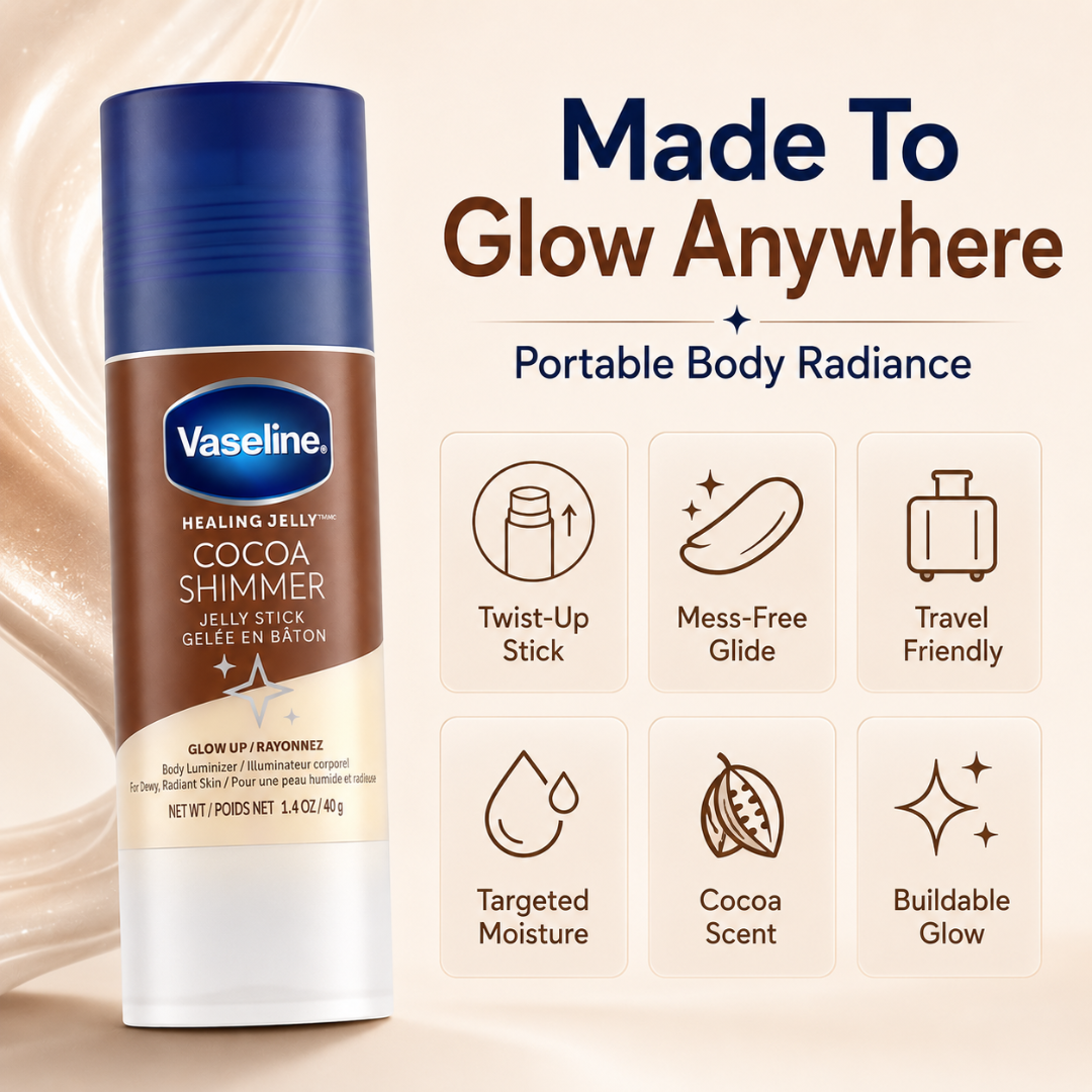 Vaseline Cocoa Shimmer Jelly Stick – Glow Up Body Luminizer – Dewy Glow, Deep Moisture – Swipe, Hydrate & Glow – For Dry Elbows, Knees, Collarbones & More – Portable, Mess-Free Stick