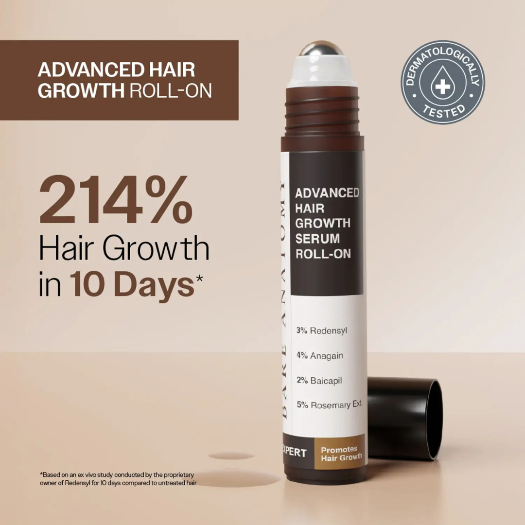 Bare Anatomy Advanced Hair Growth Roll-On Serum | 3% Redensyl + 4% Anagain + 2% Baicapil + 5% Rosemary | Direct Scalp Application for Thicker, Stronger Hair