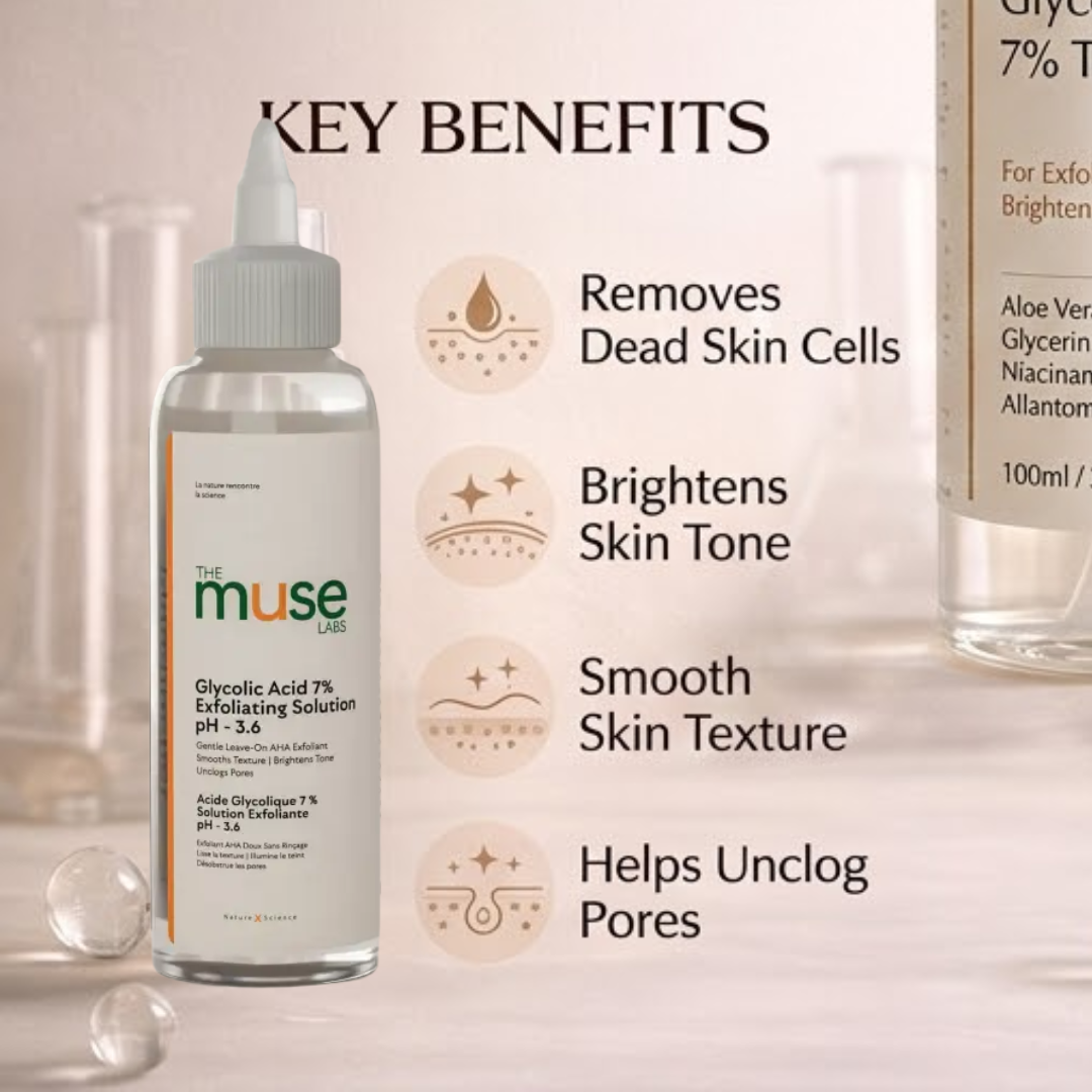 Muse Labs 7% Glycolic Acid Toner | Gentle AHA Exfoliant with Niacinamide & Aloe Vera | Smooth, Bright & Clear Skin