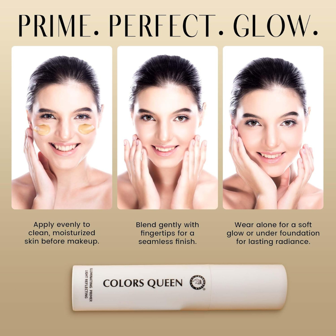 Colors Queen Illuminating Primer – Light Reflecting, Instant Glow & All-Day Hold – Lightweight, Hydrating, Luminous Finish – With Vitamin C, Vitamin E, Turmeric & Cocoa Seed Extract – Brightens, Evens Tone & Nourishes
