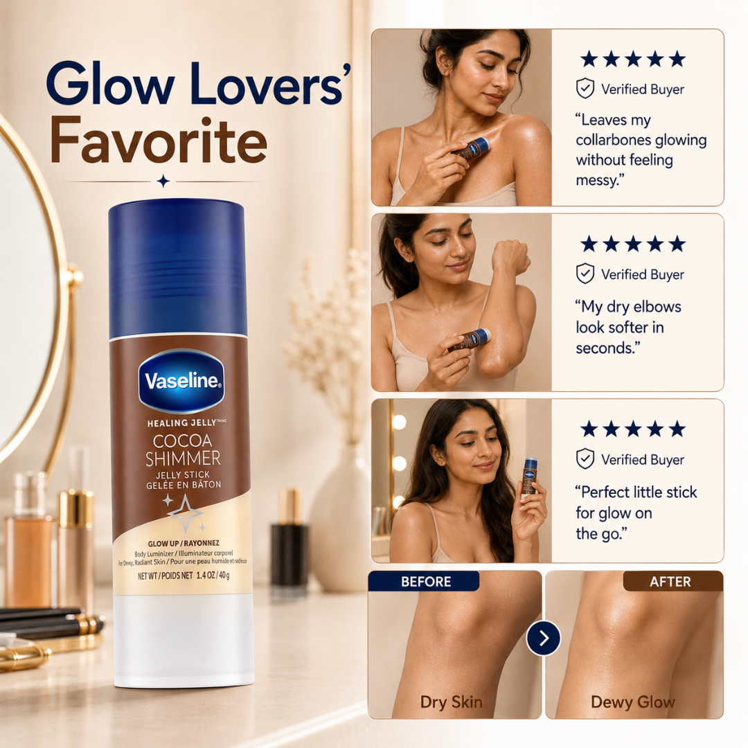 Vaseline Cocoa Shimmer Jelly Stick – Glow Up Body Luminizer – Dewy Glow, Deep Moisture – Swipe, Hydrate & Glow – For Dry Elbows, Knees, Collarbones & More – Portable, Mess-Free Stick