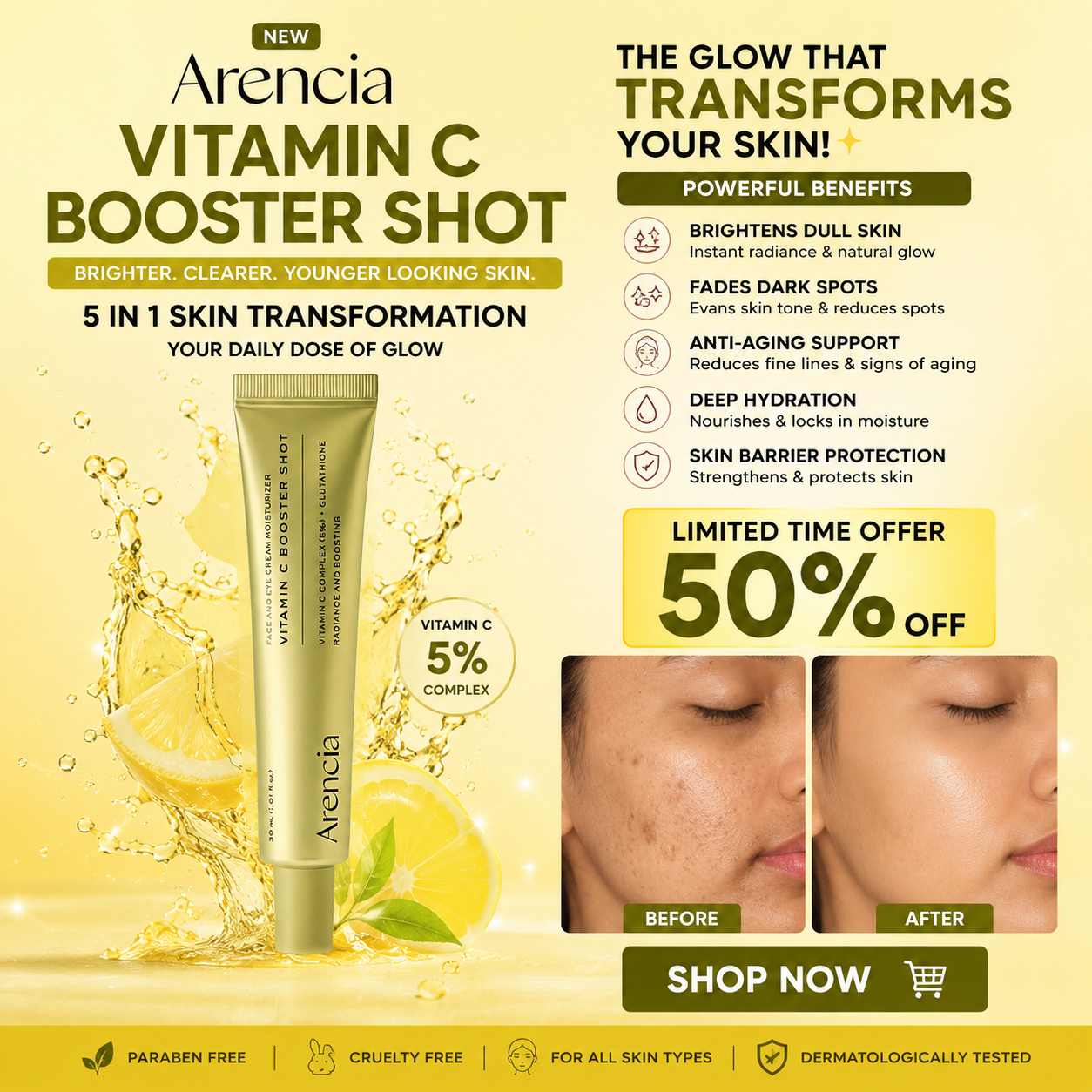 Arencia Vitamin C Booster Shot – 5-in-1 Skin Transformation – Fades Dark Spots, Boosts Radiance, Deep Hydration – For All Skin Types