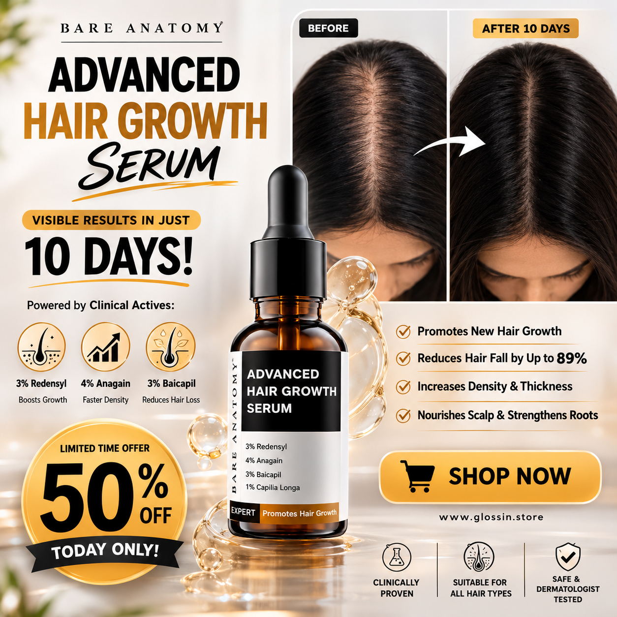 BARE ANATOMY Advanced Hair Growth Serum – Visible Results in 10 Days – Reduces Hair Fall by 89% – Promotes New Growth, Increases Density