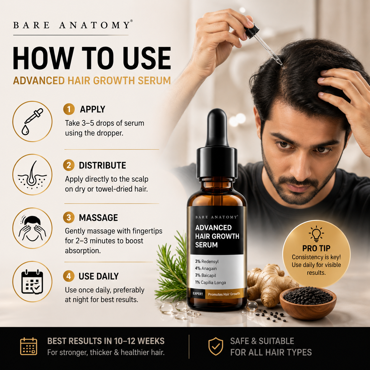 BARE ANATOMY Advanced Hair Growth Serum – Visible Results in 10 Days – Reduces Hair Fall by 89% – Promotes New Growth, Increases Density