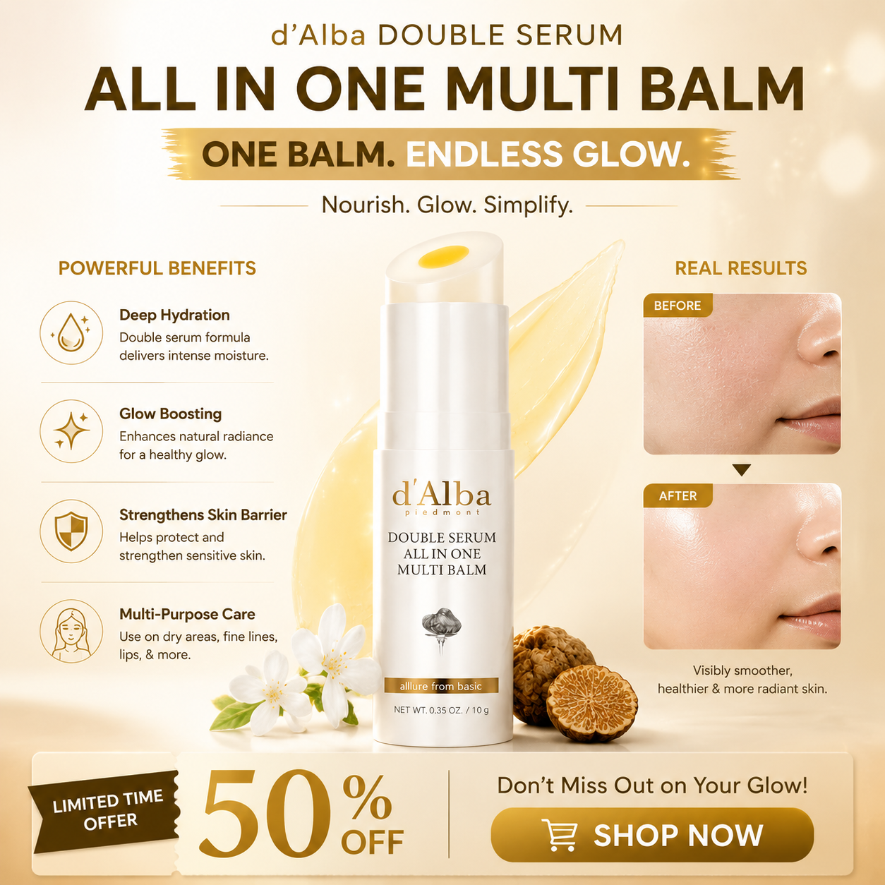 d'Alba Double Serum All-in-One Multi Balm – Nourish, Brighten & Revitalize – Deep Hydration, Glow Boosting, Skin Barrier Protection – For Face, Eyes, Lips, Neck & Dry Areas