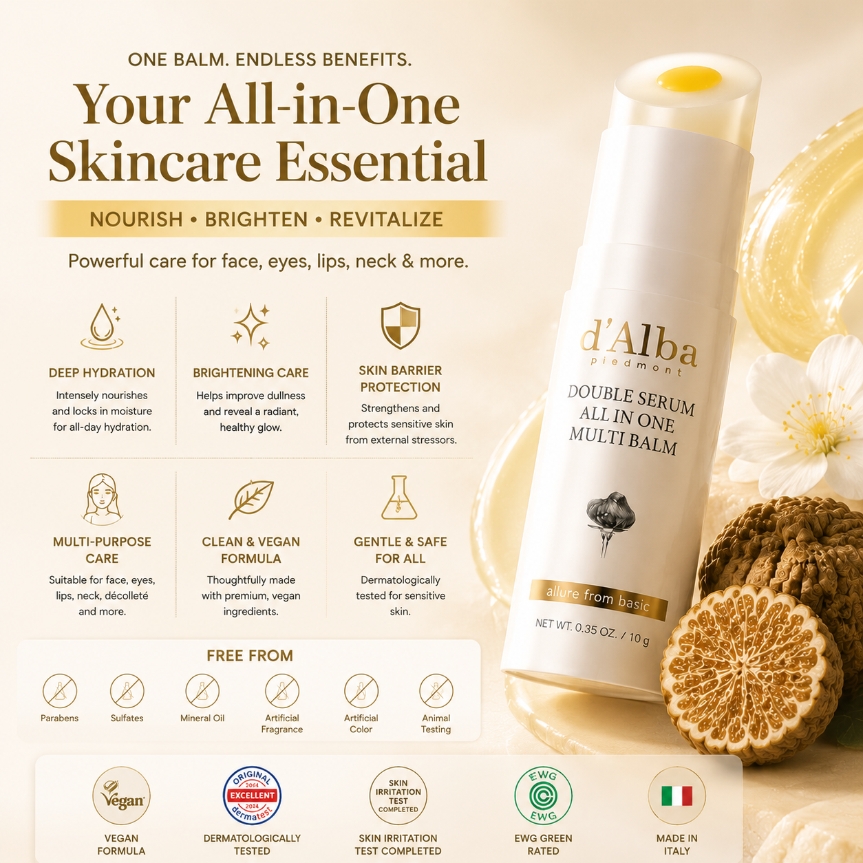 d'Alba Double Serum All-in-One Multi Balm – Nourish, Brighten & Revitalize – Deep Hydration, Glow Boosting, Skin Barrier Protection – For Face, Eyes, Lips, Neck & Dry Areas