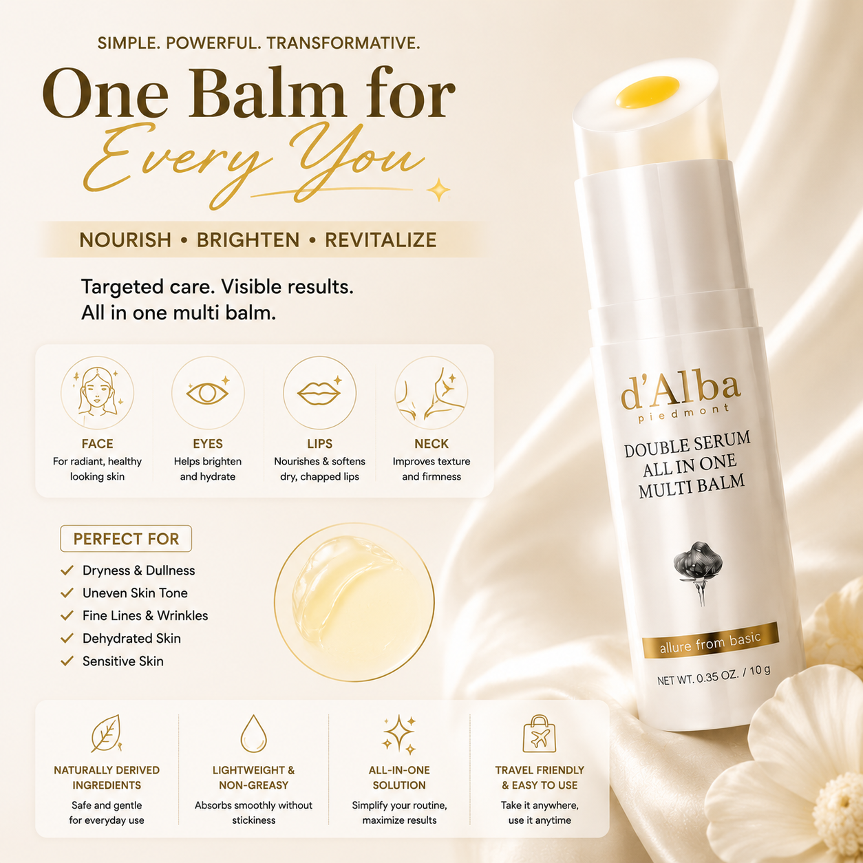 d'Alba Double Serum All-in-One Multi Balm – Nourish, Brighten & Revitalize – Deep Hydration, Glow Boosting, Skin Barrier Protection – For Face, Eyes, Lips, Neck & Dry Areas