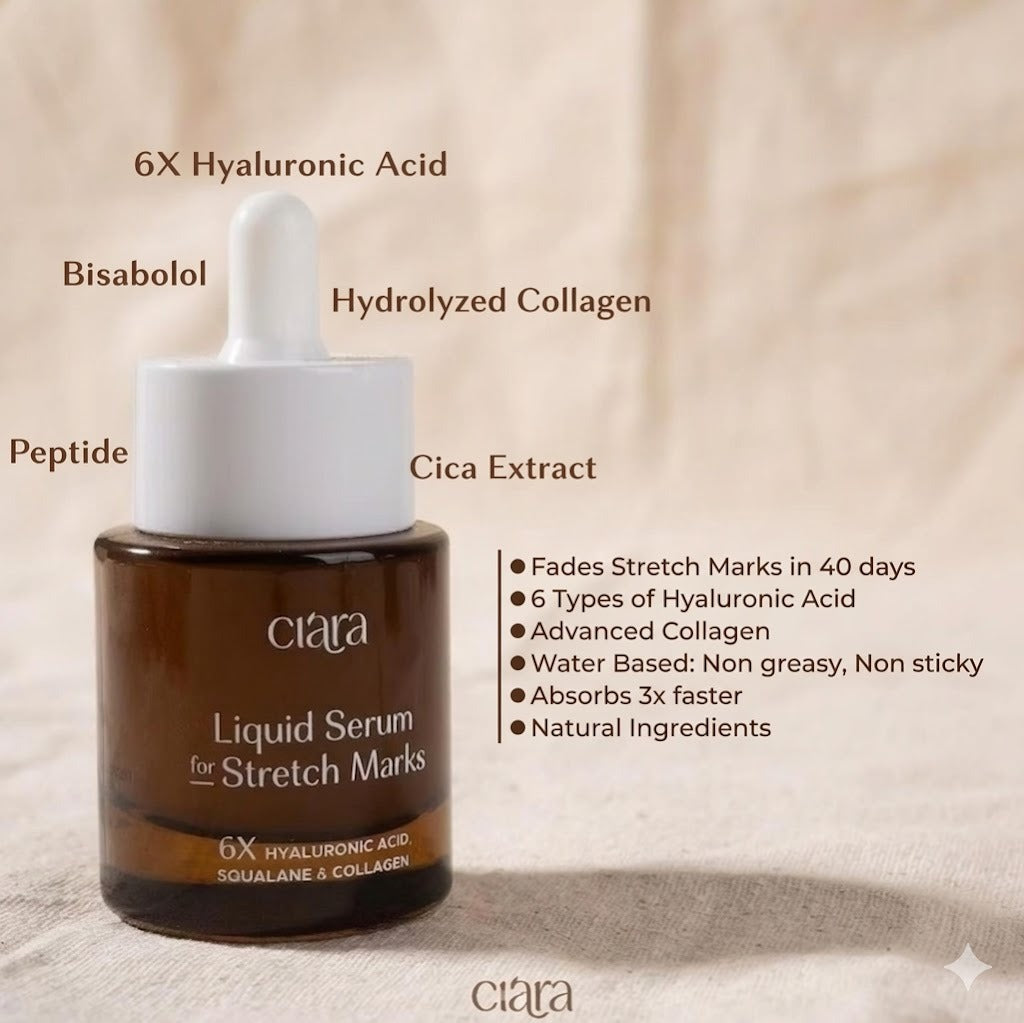 Ciara Liquid Serum for Stretch Marks | 6X Hyaluronic Acid + Squalane + Collagen | Fades Stretch Marks, Boosts Elasticity & Deep Skin Repair